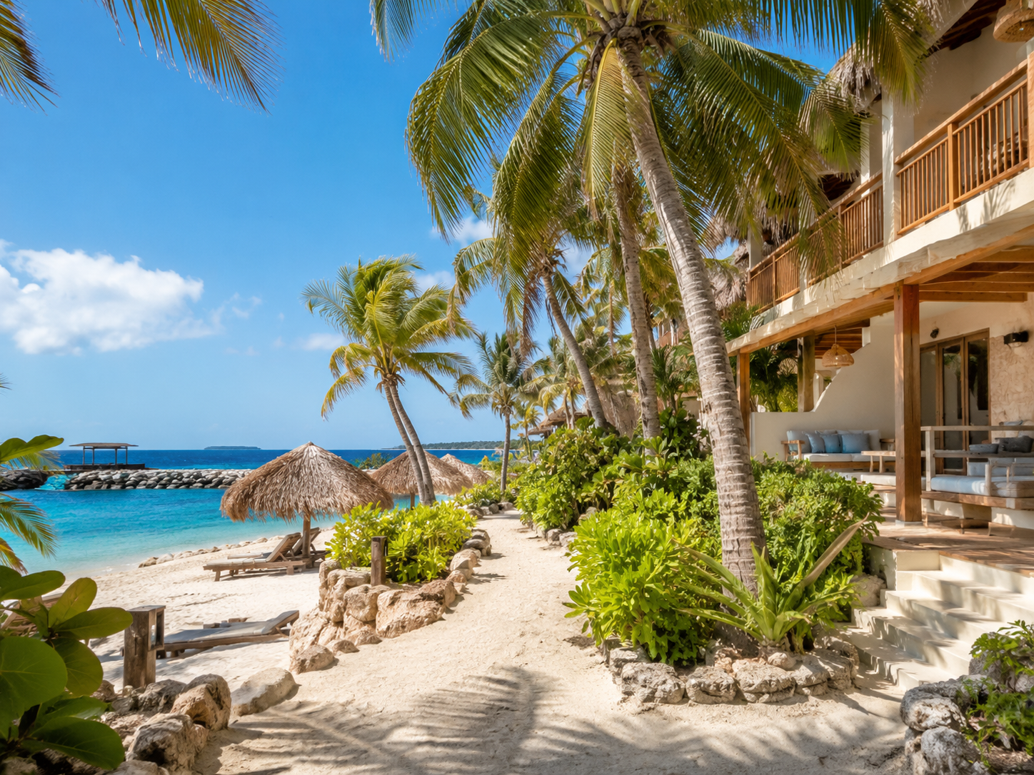 Accommodatie aan het strand op Jan Thiel met palmbomen en zeezicht